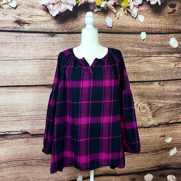 SOLD 🛍️ Woman Within Women’s Cotton Purple Plaid Balloon Sleeve Flared Blouse - Picture 1 of 8